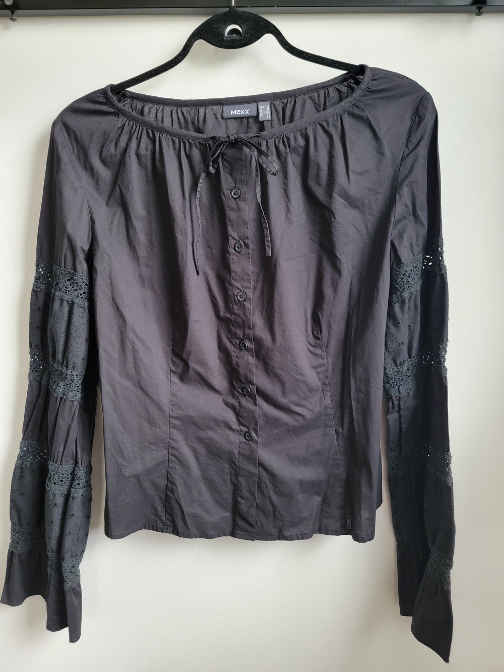 Mexx Black Button-Up Peasant Blouse with Lace-Sleeve Panels